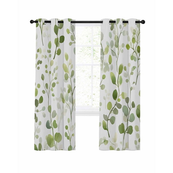 Spring Botanical Green Blackout Curtains, Light Blocking Print Window Curtains, Summer Leaf Watercolor Thermal Insulated Window Drapes for Living Room Kitchen Cafe 2 Panels, 104"W x 52"L