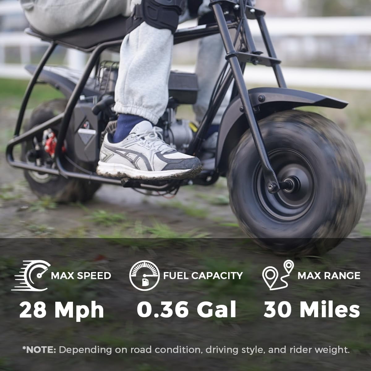 Max Package 99cc Gas 4-Stroke Mini Bike for Teens 13+, Pull Start, Rear Disc Brake, All-Terrain Tires, Up to 28 MPH, 220 lb Capacity, Includes Gloves & Headlight & Taillight