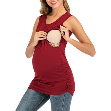 

Pregnant Women Summer Sleeveless Breast-feeding Vest Fashion Versatile Solid Color Round Neck Vest Casual Loose Nursing Vest for Maternity