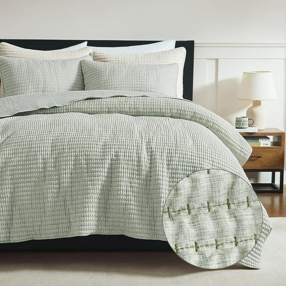Sage Green Pick Stitch  Size Quilt Set - Striped Lightweight Soft Summer Spring Bedspread, Bamboo Linen Like Textured Coverlet, Chambray Farmhouse Country Rustic Thin Bedding Comforter