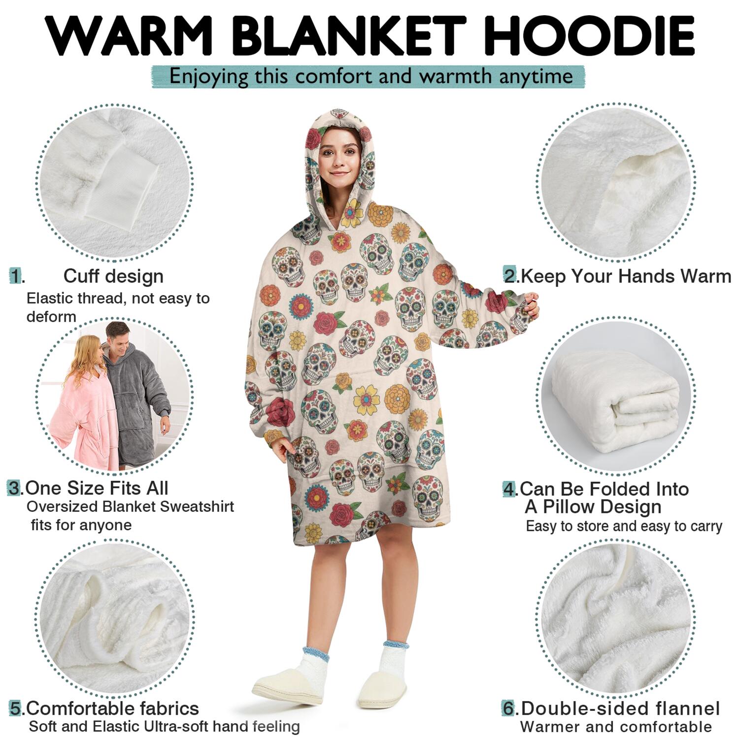 Wearable Oversized Blanket,Beige Floral Skull Pattern Wearable Blanket Hoodie for Adults,Cozy Hooded Blankets with Super Pockets,Super Warm Fuzzy Pullover for Women & Men
