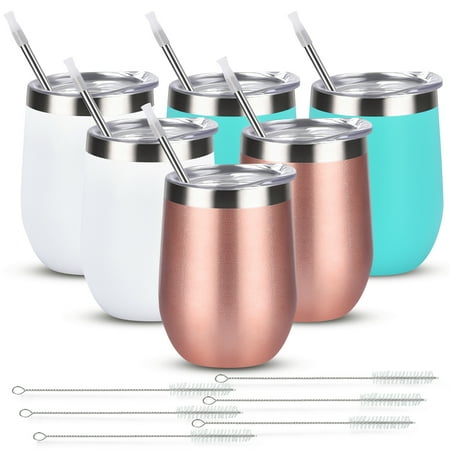 

Blahhey 12 oz Stainless Steel Wine Tumblers with Lids Straws Insulated Coffee Cup (Rose Gold*2+Lake Blue*2+White*2)