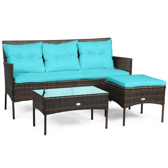 Aimee Lii 3 Pieces Patio Furniture Sectional Set with 5 Cozy Seat and Back Cushions, Outdoor Wicker Patio Furniture Set, Turquoise