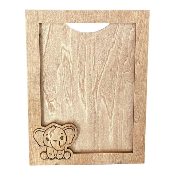 Rustic Wooden Picture Frame with Elephant Design, Natural Wood, 5x7 Photo Size, Wall Mount and Stand, Acrylic Plate Included, Nursery Decor