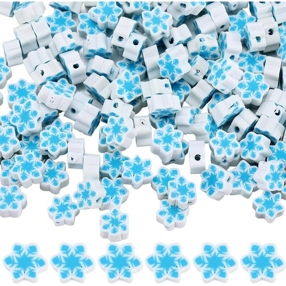 1 Box 300Pcs 10mm Snowflake Beads Christmas Polymer Clay Beads Cute Blue White Xmas Flat Loose Spacers for Jewelry Making DIY Bracelet Necklace Chocker Craft Supplies Party Decor for DIY