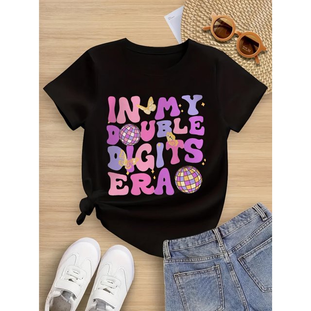 Youngsters' Retro 'In My Double Digits Era' Cotton T-Shirt - Colorful Disco Ball & Butterfly Graphic, Casual Round Neck Tee for Girls, Soft & Comfortable Summer Top, Girls Tshirts