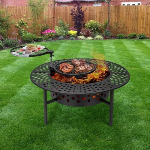 42 Inch Fire Pit with 2 Grills, Wood Burning Fire Pits for Outside with Lid, Poker and Round Waterproof Cover, BBQ& Outdoor Firepit & Round Metal Table 3 in 1 for Patio, Picnic, Party$$Garden & Patio