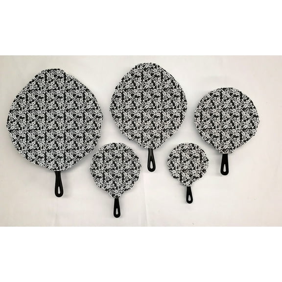 Floral Damask Cast Iron Pan Covers (Set of 5) by Penny's Needful Things (Black)