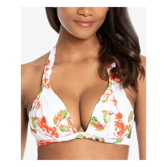 RACHEL RACHEL ROY Women's White Floral Stretch Tie Bikini Fixed Cups Deep V Neck Halter Swimsuit Top S