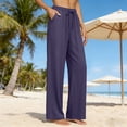 thumbnail image 7 of Palazzo Pants for Women Dressy Drawstring Elastic Waist Casual Linen Pant Summer Beach Wide Leg Trousers with Pockets, L, 7 of 7