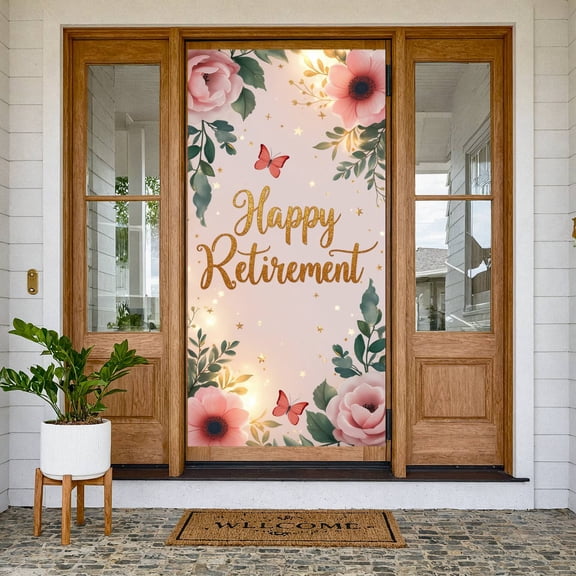 Pink Floral Happy Retirement Banner Gold Glitter Lettering Retirement Backdrop Green Foliage Butterfly Accent Retirement Display for Retirement Party Indoor Celebration Retirement Ceremony