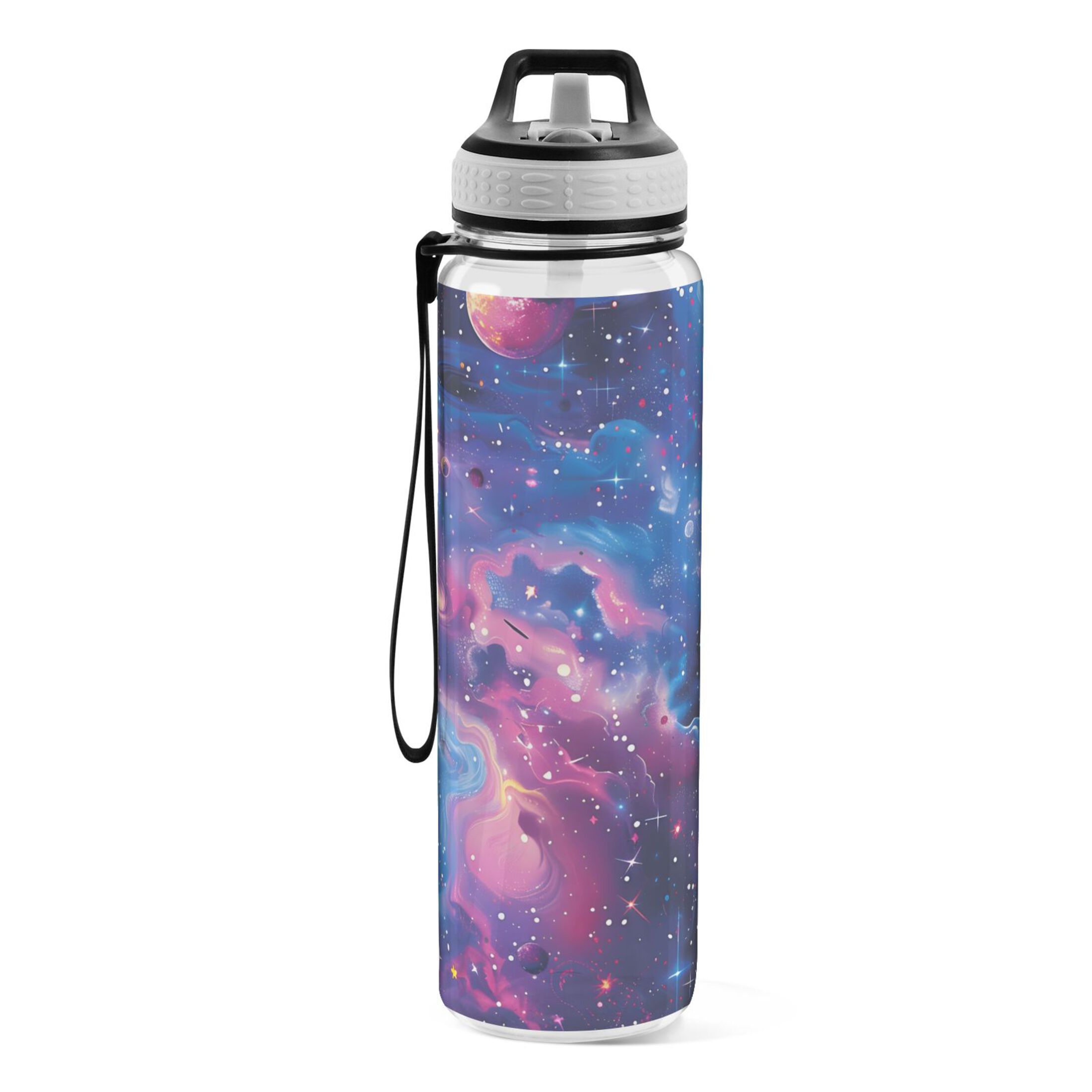 Surreal Stars Planets Galaxy Transparent Sports Water Bottle with Straw BPA Free Tritan 32oz for Kids Adults Capming Sports Gym School