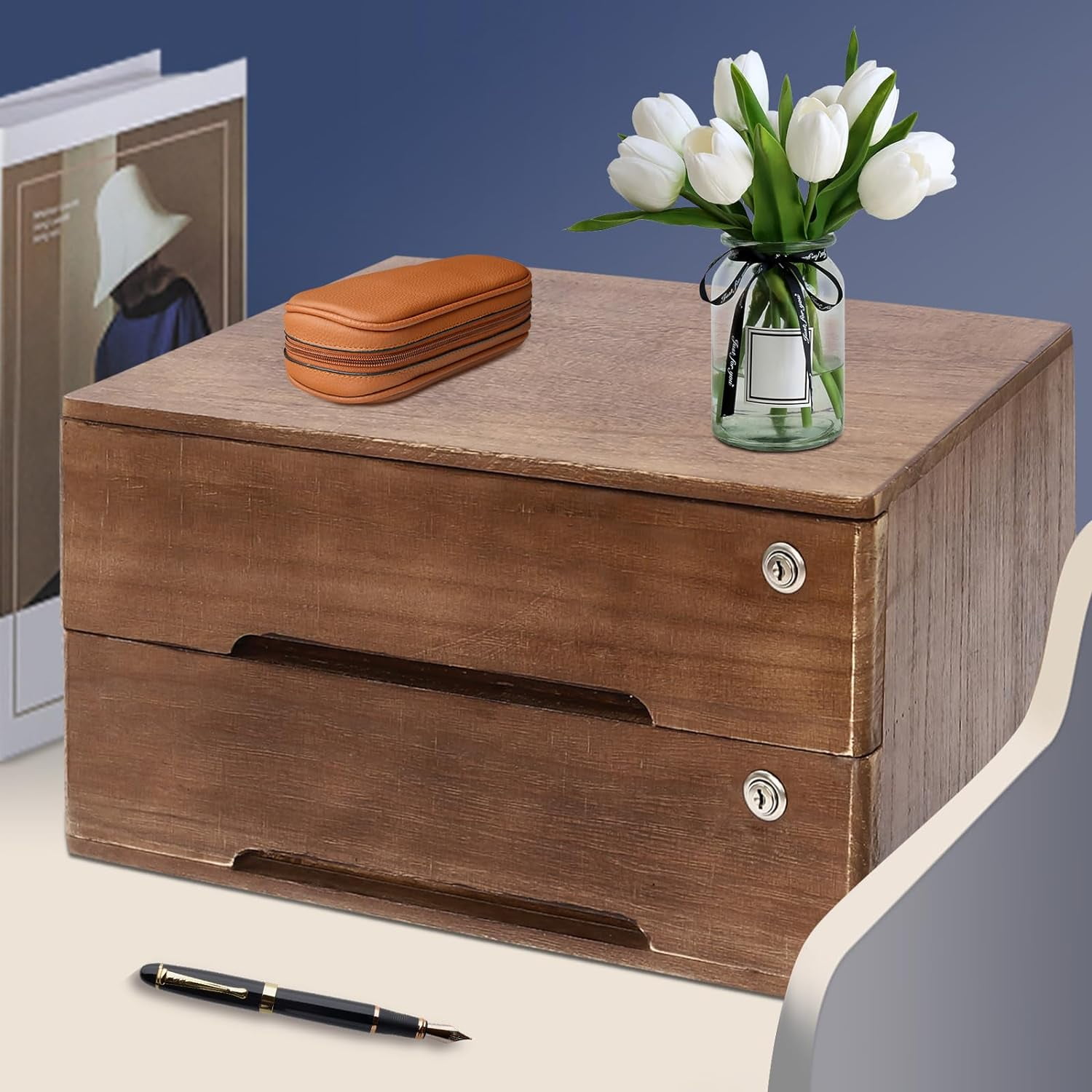 2-Tier Wooden Desk Organizer, Desk Storage Drawers Multifunctional Mini Tabletop Storage Organization Box for Home or Office, 15.75 x 11 x 8.66in (Walnut Color)
