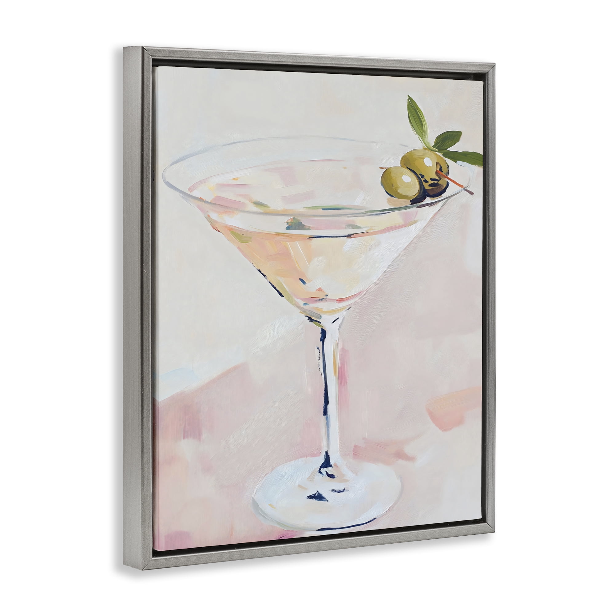 Stupell Industries Pastel Martini with Olive Garnish Gray Framed Floater Canvas Wall Art, design by The Prints Vibe