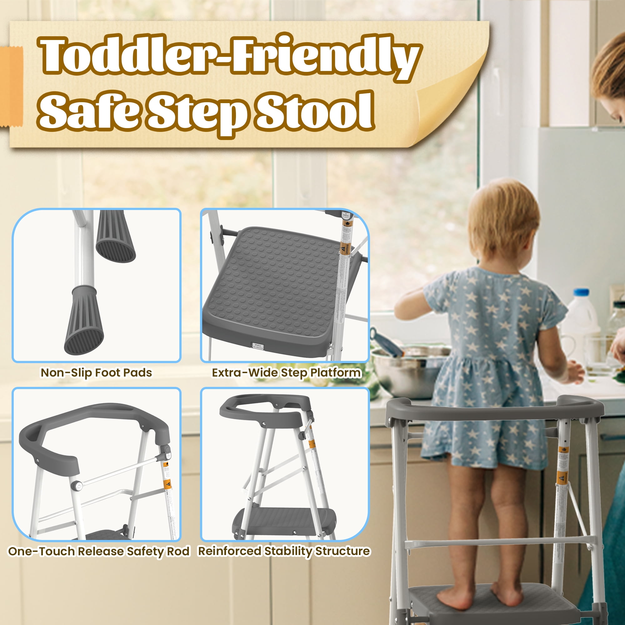 ASoopher Toddler Tower Foldable Kitchen Step Stool, Safe Learning Stool for Kids 2-6