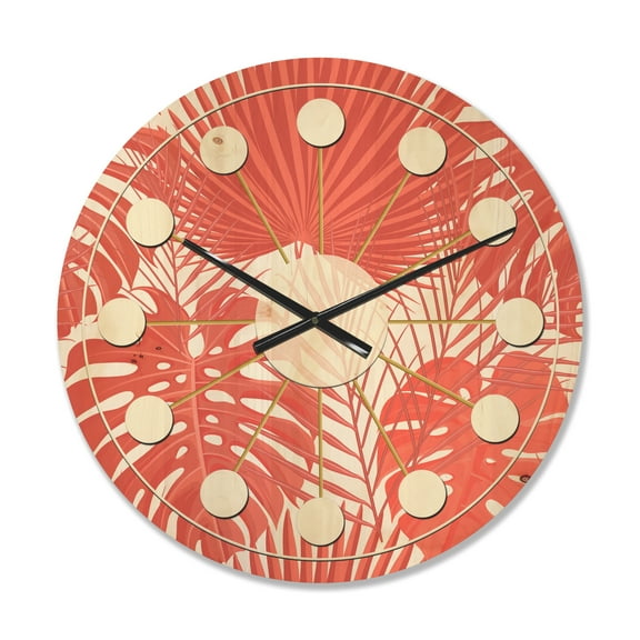 Designart 'Retro Tropical Foliage Coral I' Mid-Century Modern Wood Wall Clock