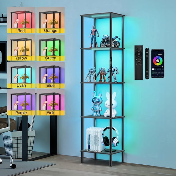 OUTONLIFE 4-Tier Display Cabinet with LED Lights, Gaming shelf Curio Cabinet with RGB ,Open Storage Shelf for Collectibles, Figures, Gaming Room & Living Room, Black