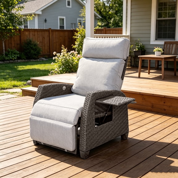 EVERITE Patio 150° Lay-Flat Wicker Cushioned Recliner,Indoor/Outdoor Lounge Chair with Flip-up Side Table & Air Pump, Light Gray