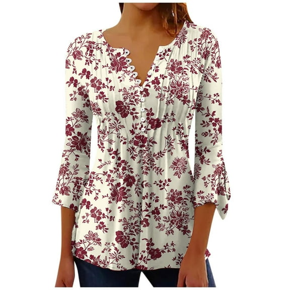 CYMMPU Spring Tops Button V Neck Flare Sleeve Summer Fashion Shirts Tunic Tops Loose Fit Floral Pattern 3/4 Sleeve Blouses for Women Dressy Casual Pleated Dressy T-Shirts Multicolor M