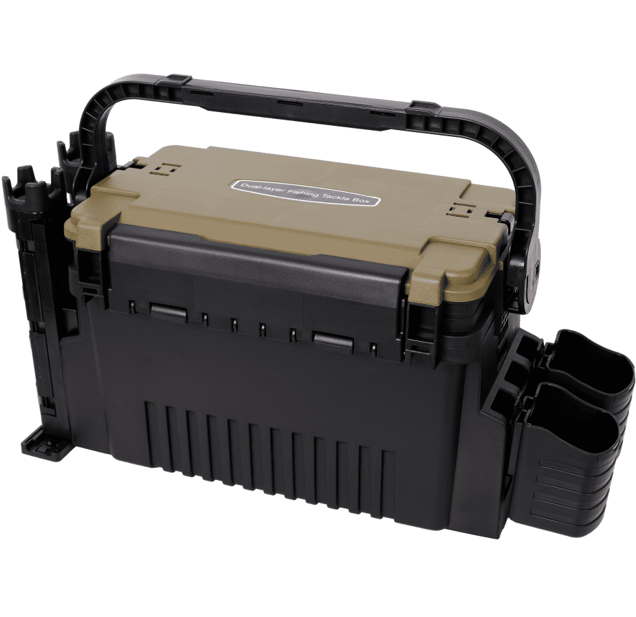 Dual Layer Tackle Box with Rod Cup Holders Army Green