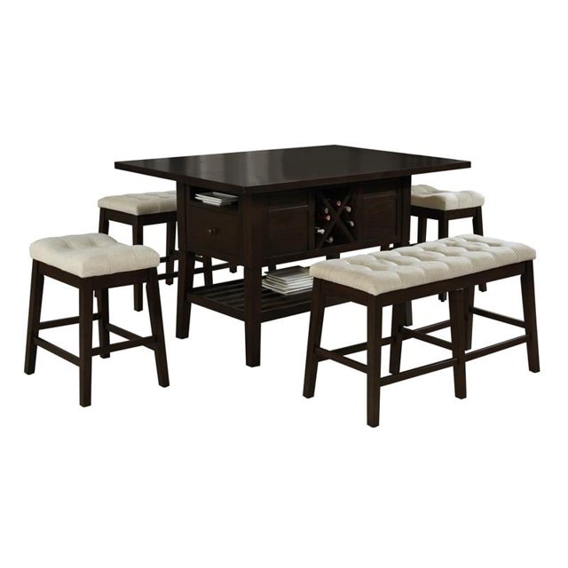 Cappuccino Wood Counterheight Dining Set with Beige Fabric Stools and Bench