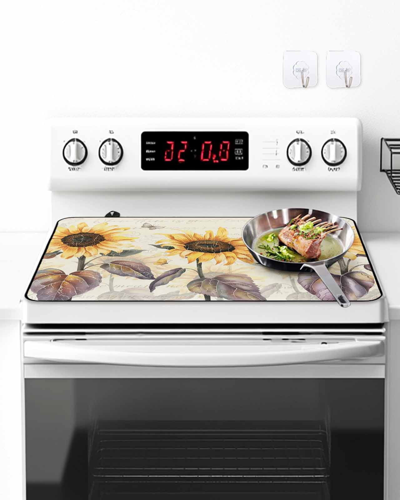 Stove Top Covers for Electric Stove, Sunflower Glass Stovetop Cover Protector, Yellow Summer Botanical Floral Farmhouse Induction Cooktop Protector Oven Mat for Kitchen Countertop 24"x21"