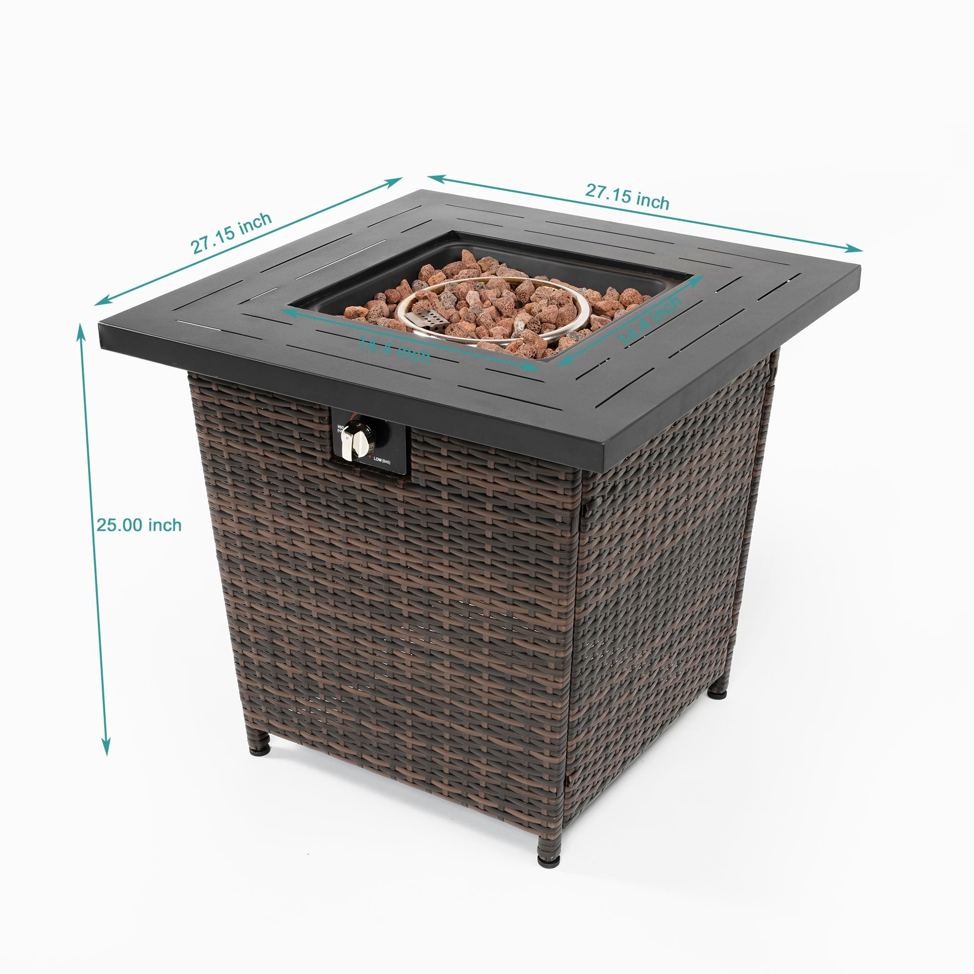 28" Propane Fire Pit Table, SHINPT Outdoor Gas Fire Pit Table, 50000 BTU Square Steel Fire Pit with Beautiful Wicker Base, Gas Fireplace for Garden, Patio, Yard, Backyard, Add Warmth to Parties
