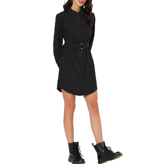 INSPIRE CHIC Robe Chemise à Manches Retroussables avec Ceinture et Col Boutonné pour Femmes P Noir