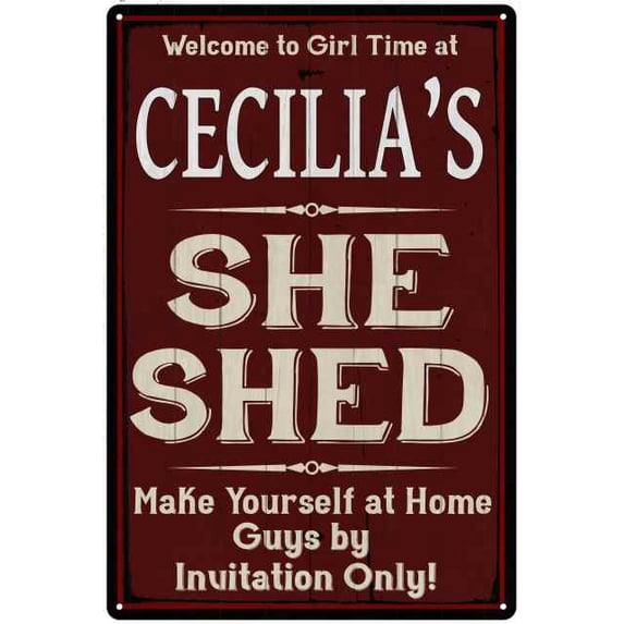 CECILIA'S She Shed Sign Red Wall Shack Decor Lady Cave 8 x 12 Matte Finish Metal 108120088321