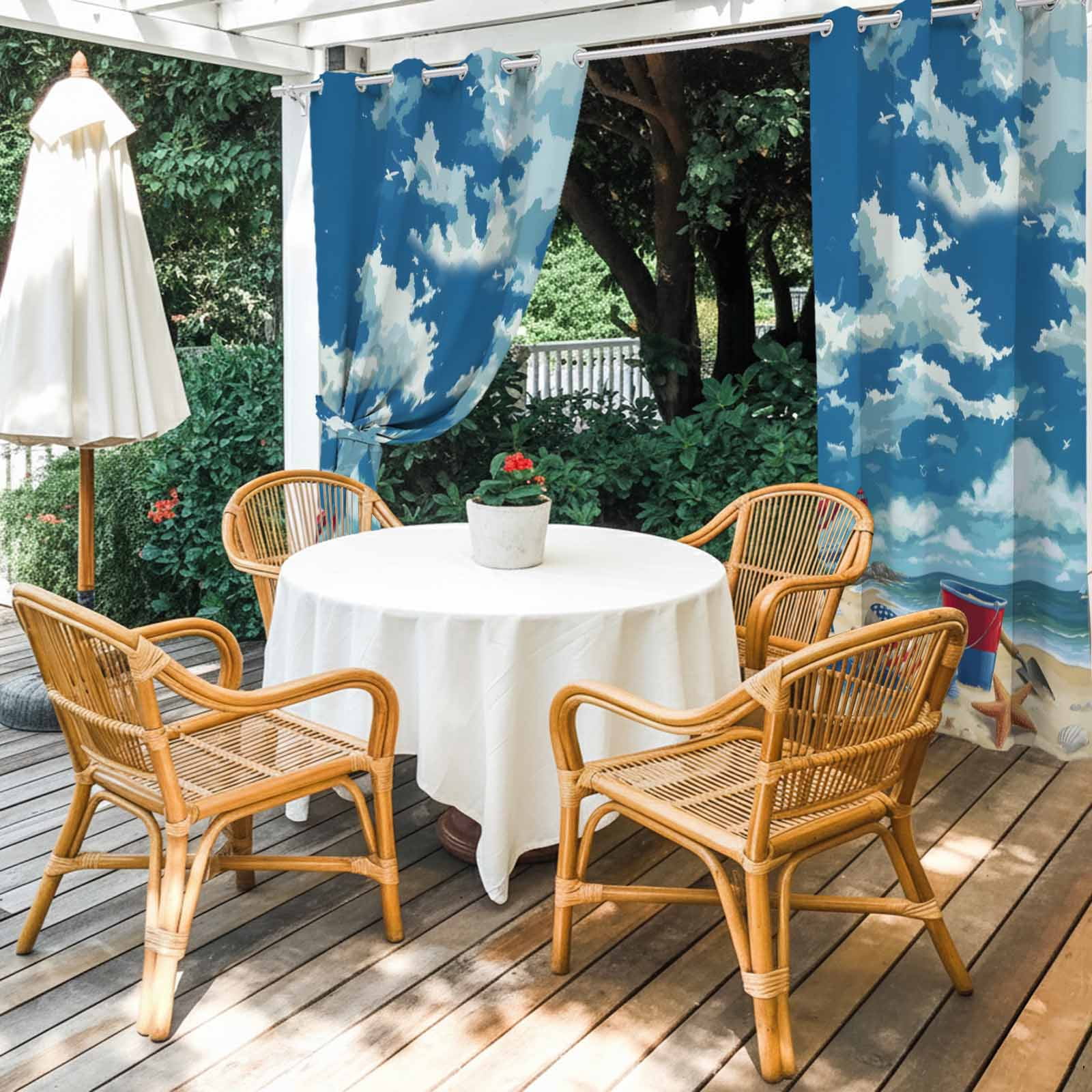 Summer Beach Outdoor Curtains for Patio, Ocean Blue Sky Shell Umbrella Sea Star Sunshade Privacy Drapes Grommet Waterproof Outside Curtains for Porch/Cabana/Balcony 54"x 108", 1 Panel