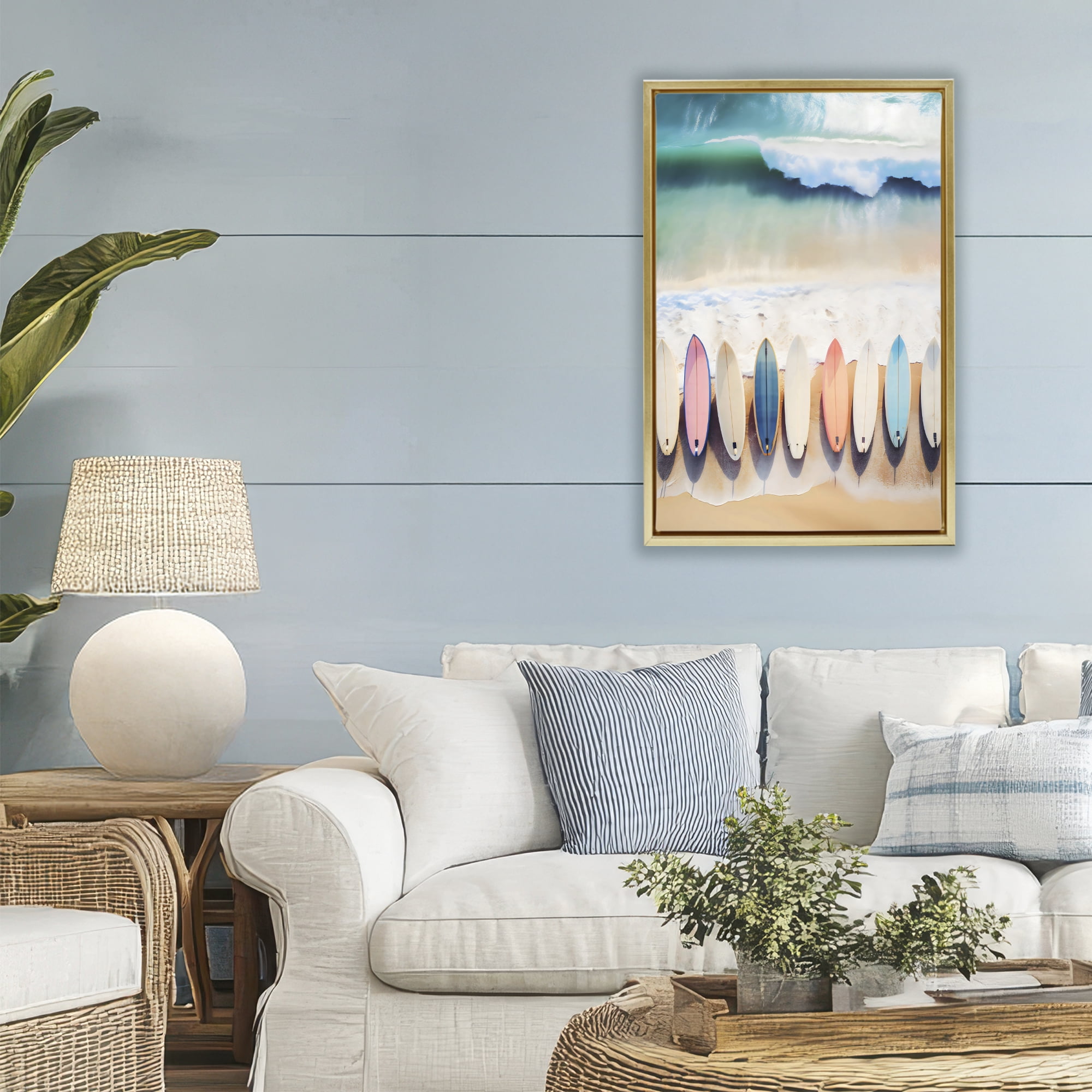 Stupell Industries Aerial View Surfboards Shoreline Gold Framed Floater Canvas Wall Art, design by Creative Studio