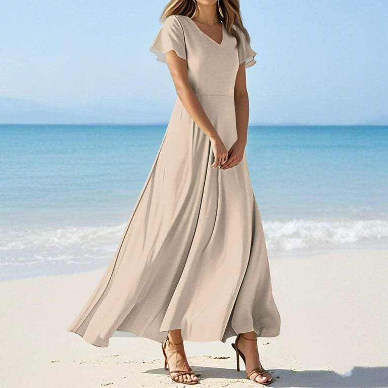 TQWQT Womens Plus Size Dresses Maxi Beige Dress Short Sleeve Casual Summer  Dress Boho V Neck Wedding Guestes Cute Tiered Dresses Beige L - Walmart.com