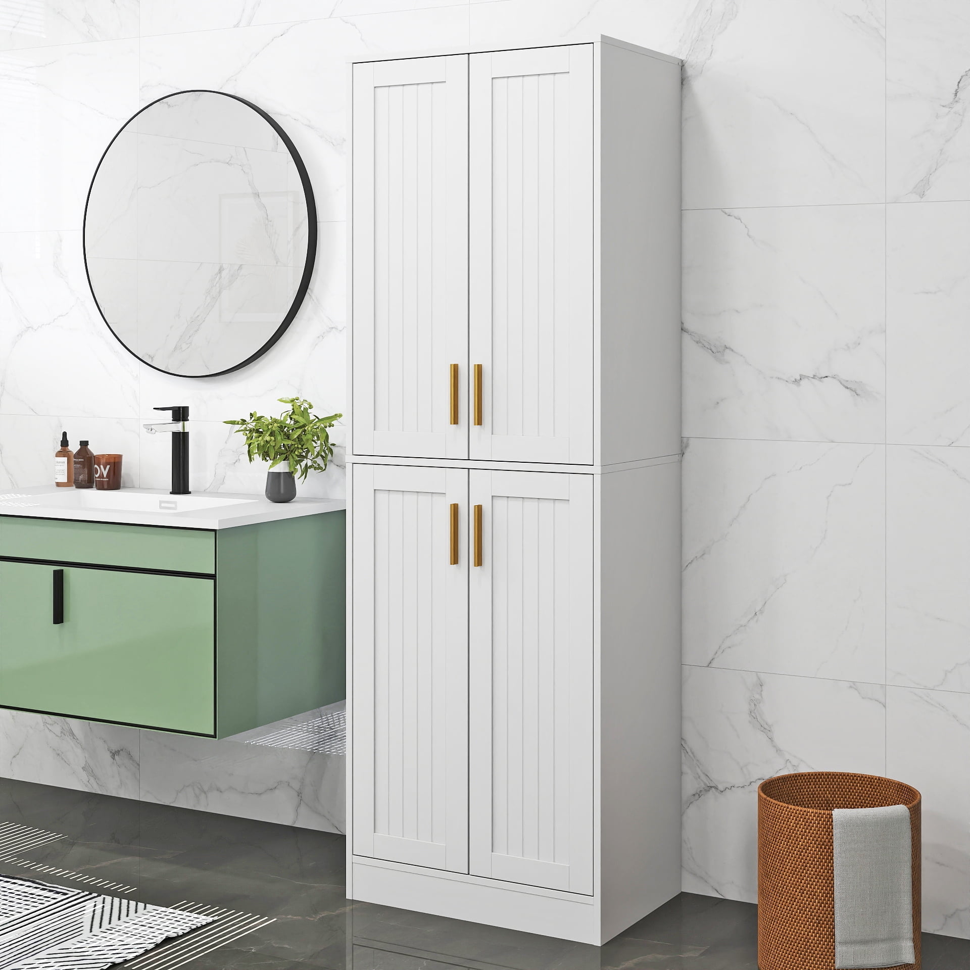 67.7” Tall Modern Storage Cabinet with 2 Adjustable Shelves, Bathroom Cabinet with 4 Doors, Kitchen Cabinets, Cupboard for Kitchen, Living Room