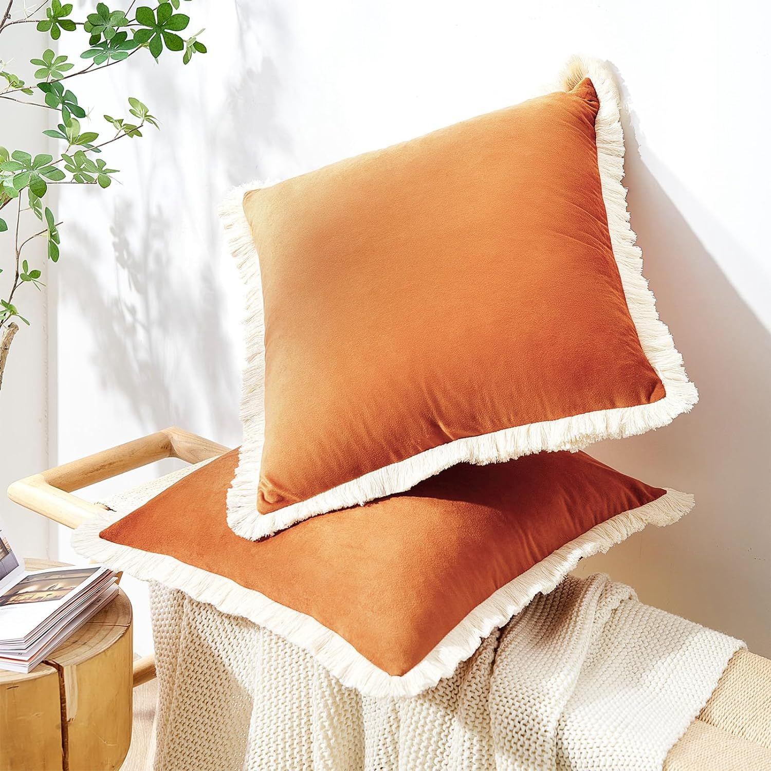Yumcute Pillow Covers 20x20 Set of 2 Beige Throw Pillow Covers with Fringe Chic Cotton Decorative Pillows Square Cushion Covers for Sofa Couch Bed Boho Decor