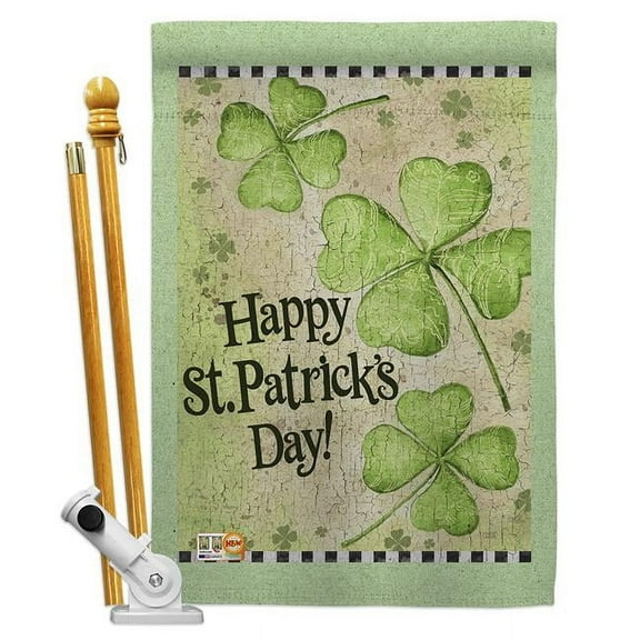 Breeze Decor BD-SA-HS-102032-IP-BO-D-US16-AL 28 x 40 in. Vertical St. Patricks Day Clover Spring St Patrick Impressions Decorative Double Sided House Flag Set with Pole & Bracket Hardware