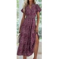 thumbnail image 4 of Summer Maxi Dresses for Women 2025 Casual V Neck Puff Short Sleeve Smocked Flowy Beach Boho Long Floral Dress Claret XL, 4 of 7