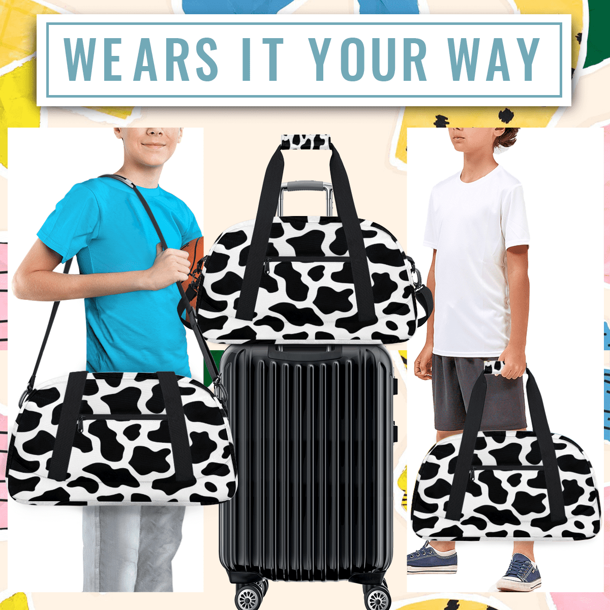 Herdesigns Black White Sports Duffle Bag for Women & Men, Fun Cow Print Farm Animal Gym Bag Dance Bag Overnight Bag Carry On Weekender Travel Bag