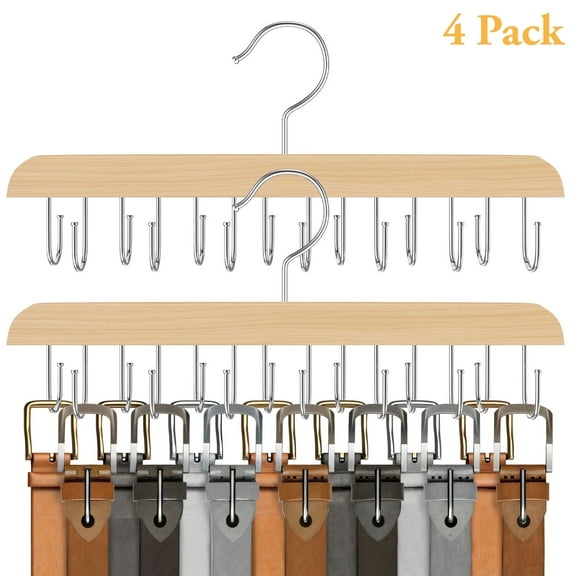 AcerichFad 4 Pack Belt Hangers for Clothes, Wooden Tie Hanger with 56 Hooks, 360° Swivel Space Saving Clothes Racks Closet Organizers, Nature