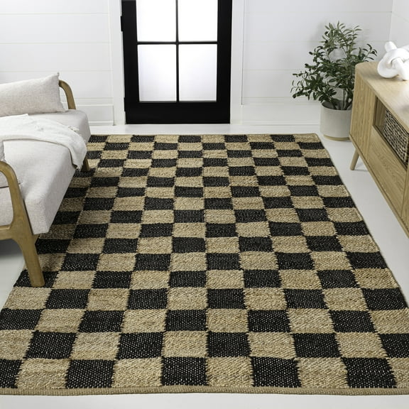 JONATHAN Y NATURAL FIBER 8 x 10 Area Rug, Theo Farmhouse Woven Jute Checkerboard - Natural/Black, NRF203B-8