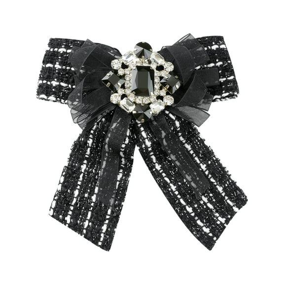 INSPIRE CHIC Women's Pre-Tied Neck Tie Ribbon Plaid Bowknot Brooch Pin with Rhinestone for Party 12 13cm/4.7" 5.1" Black