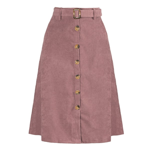 Falda de pana Allegra K con cinturón y botones Rosa XL