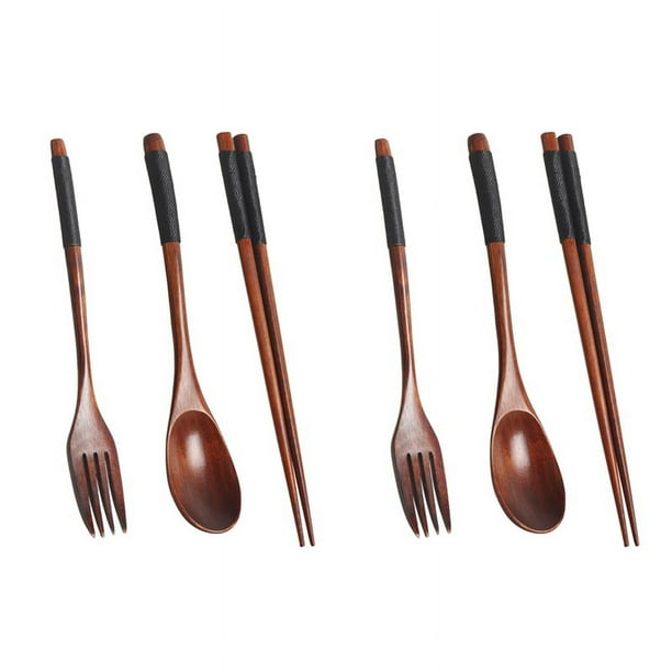 Juego de cubiertos de madera 2X, juego portátil de madera, palillos, cuchara, tenedor, vajilla con hilo trenzado negro