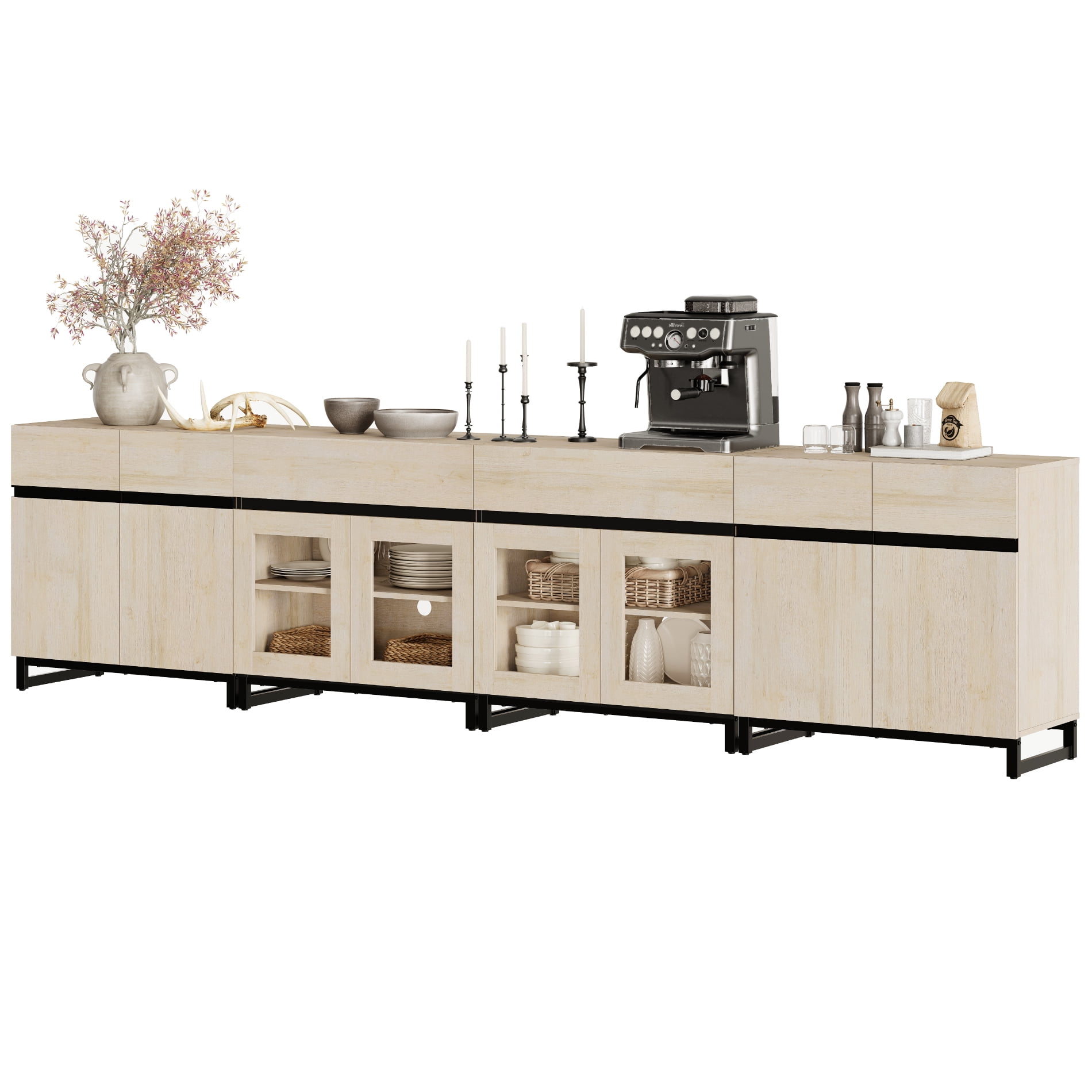 Modern 4-in-1 Chest Of Drawers, Bedroom Storage Dresser with Glass Doors, 2 Drawers, Adjustable Shelf and Sturdy Metal Base for Home,Beige