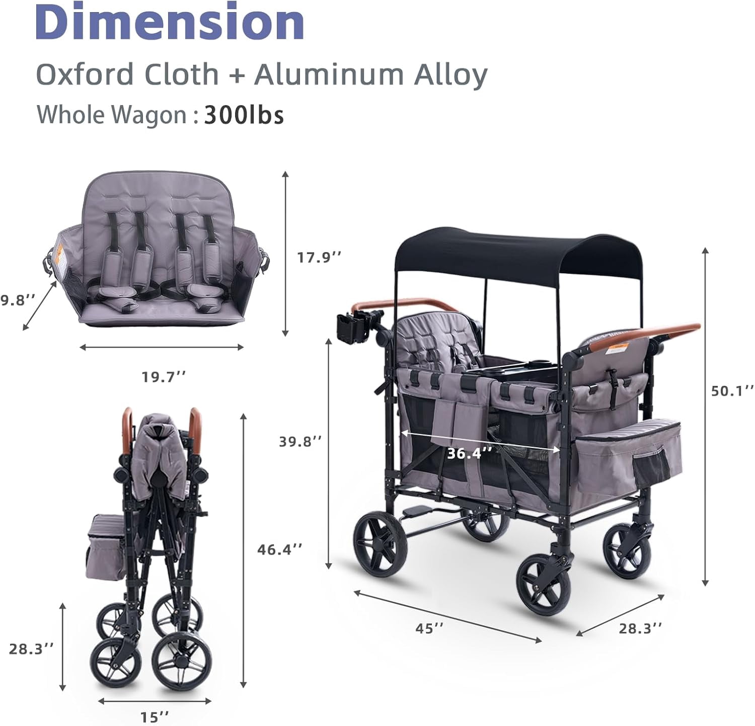 4-Seater Wagon Stroller for Kids, Linor All-Terrain Folding Wagon with Adjustable Push Handles, Removable Canopy, Snack Tray, Large Storage Bag & Phone Holder