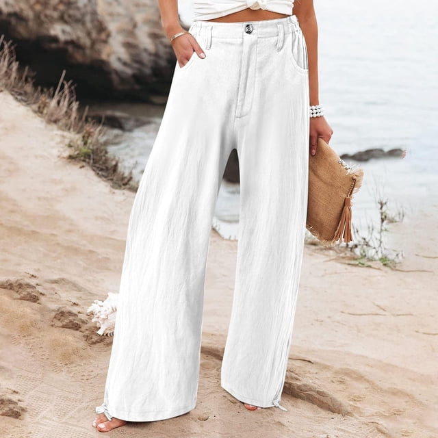 Xuniizn Wide Leg Pants Woman Solid Color Zip Up Button Flowy Pants with Pockets Loose Comfort Casual Pants