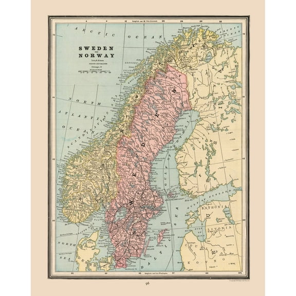 Historic Map - Sweden Norway - Cram 1888 - 23 x 29.05 - Vintage Wall Art