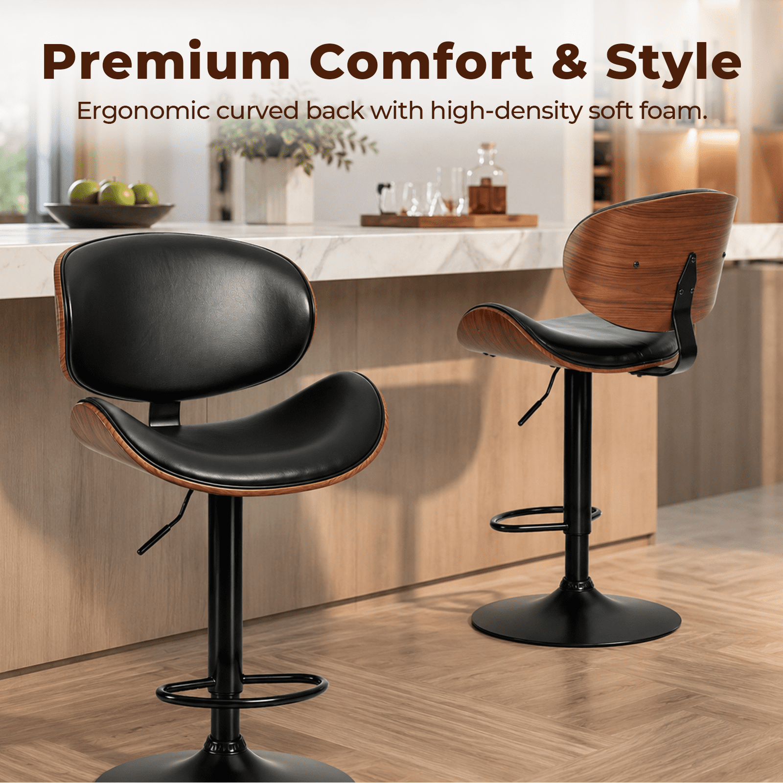 Alvantor 2-Pack Swivel Bar Stools, for Kitchen Counter, Adjustable Bar Height Chairs, Modern PU Leather Upholstered Bar Chair with Back and Footrest, for Bar, Kitchen Island, Dining Room