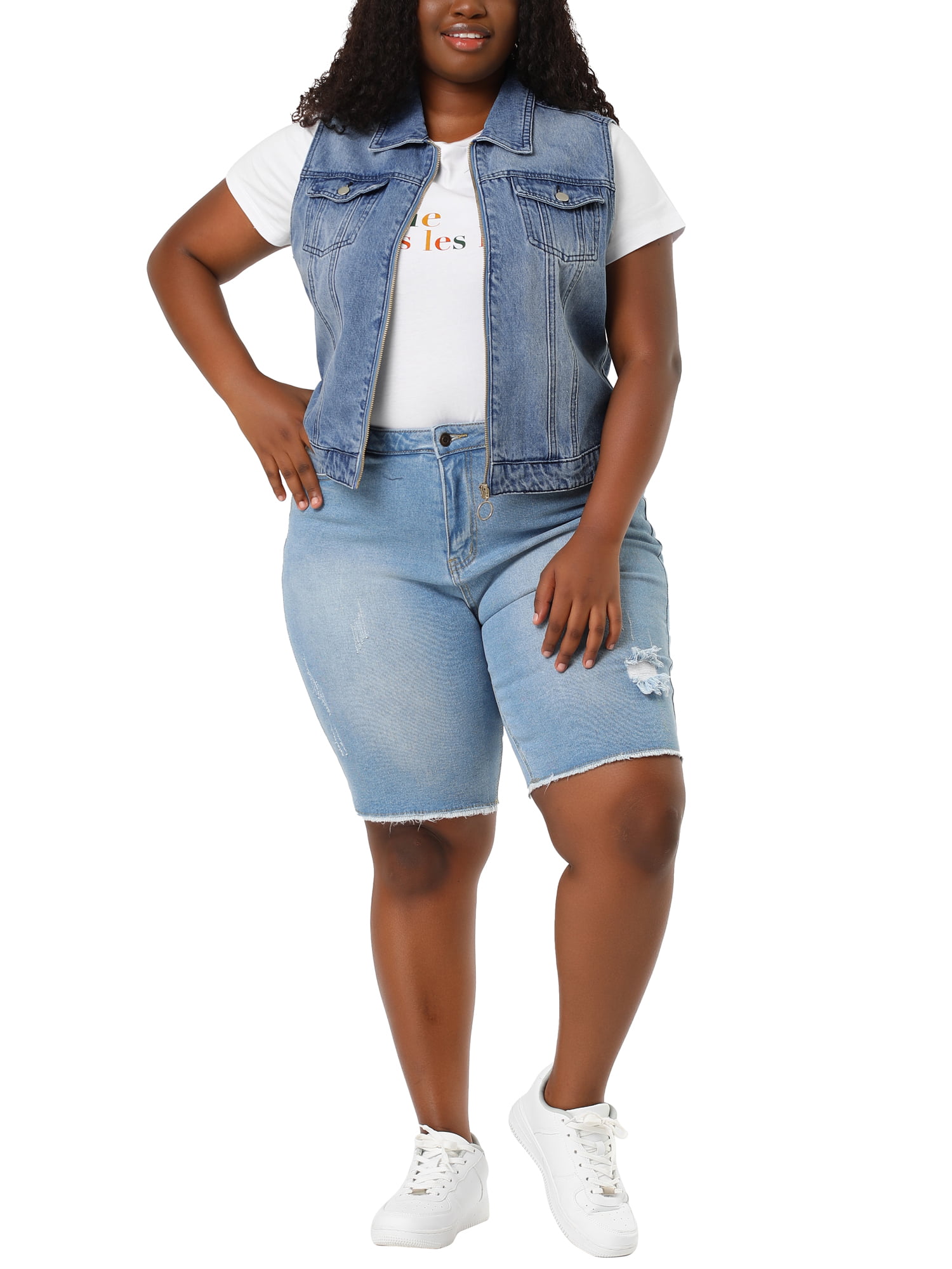Unique Bargains Women's Plus Size Trucker Zipper Front Denim Jacket Vest 