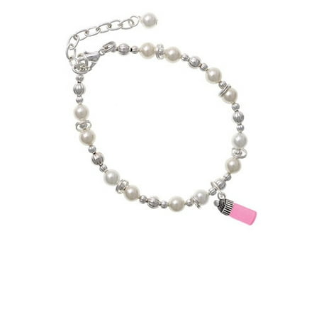 - Silvertone 3-D Pink Baby Bottle Imitation Pearl Beaded Bracelet