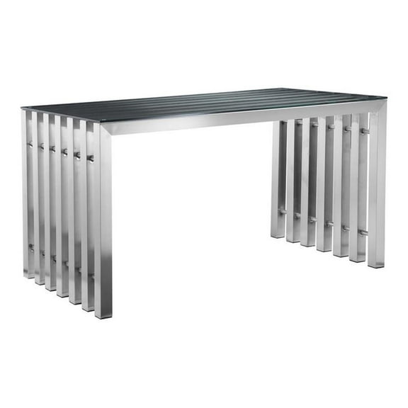 Pemberly Row Modern Brushed Steel Metal & Tempered Glass Desk in Silver